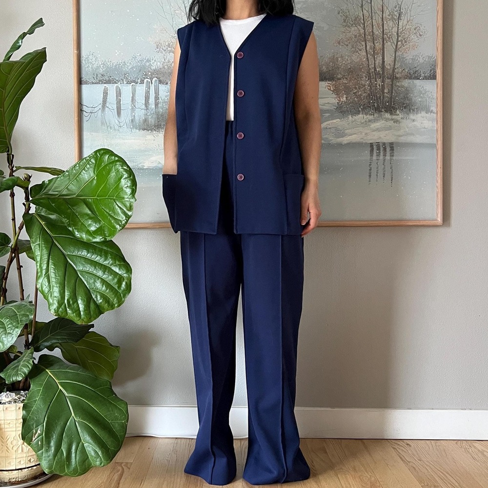 Vintage Navy Two Piece Minimalist Vest Pants Suit Wide Leg Medium Large 70s